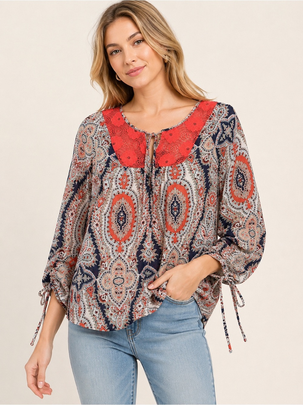 Umgee Paisley Boho Peasant Blouse Coral Lace Tie Sleeve M